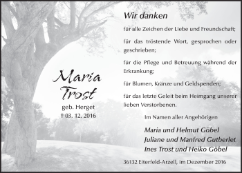 Traueranzeige von Maria Trost 