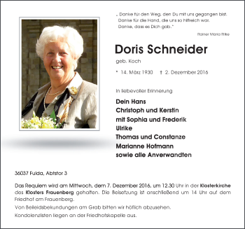 Traueranzeige von Doris Schneider 