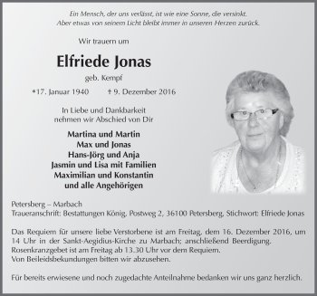Traueranzeige von Elfriede Jonas 