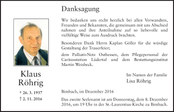Traueranzeige von Klaus Röhrig 