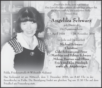Traueranzeige von Angelika Schwarz 
