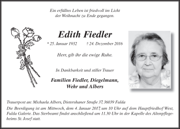 Traueranzeige von Edith Fiedler 