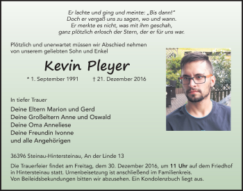 Traueranzeige von Kevin Pleyer 