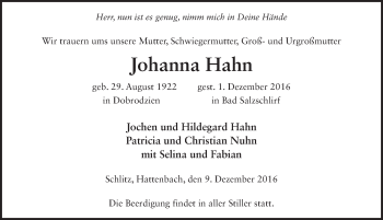 Traueranzeige von Johanna Hahn 