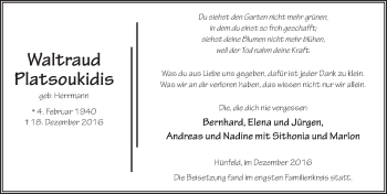 Traueranzeige von Waltraud Platsoukidis 