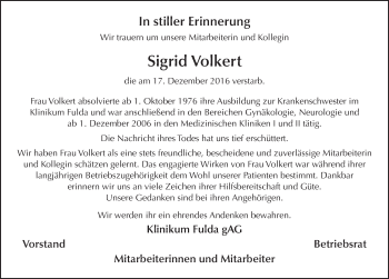Traueranzeige von Sigrid Volkert 