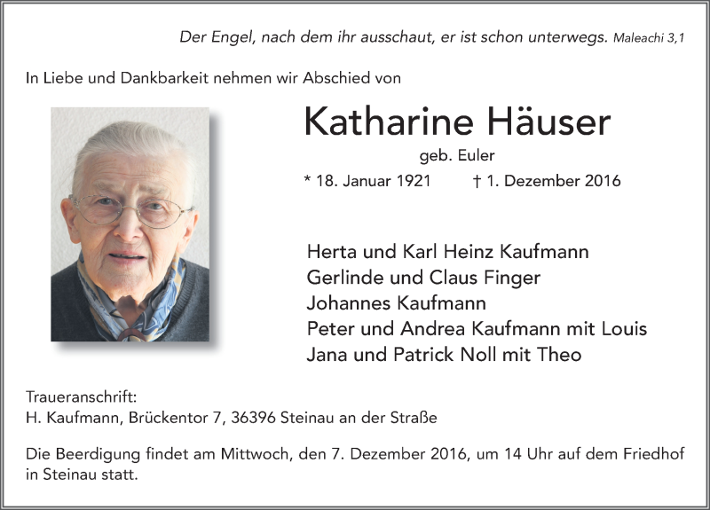  Traueranzeige für Katharine Häuser vom 05.12.2016 aus 