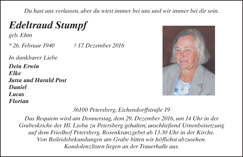  Traueranzeige für Edeltraud Stumpf vom 22.12.2016 aus 