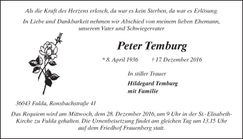Traueranzeige von Peter Temburg 