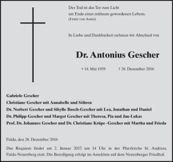 Traueranzeige von Antonius Gescher 