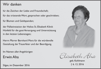 Traueranzeige von Elisabeth Aha 