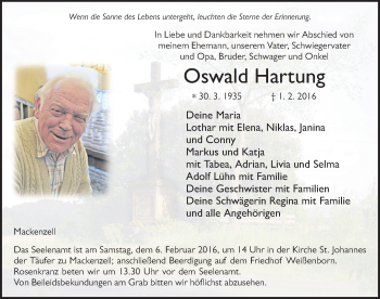 Traueranzeige von Oswald Hartung 
