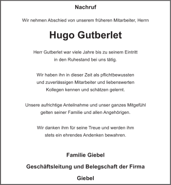 Traueranzeige von Karl-Hugo Gutberlet 