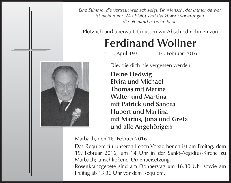  Traueranzeige für Ferdinand Wollner vom 16.02.2016 aus 