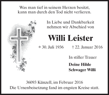 Traueranzeige von Willi Leister 