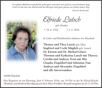 Traueranzeige von Elfriede Latsch 