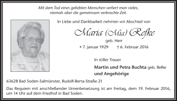 Traueranzeige von Maria Refke 