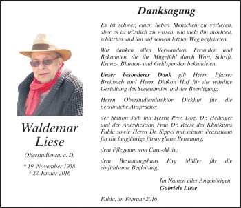 Traueranzeige von Waldemar Liese 