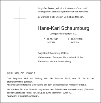 Traueranzeige von Hans-Karl Schaumburg 
