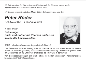 Traueranzeige von Peter Röder 