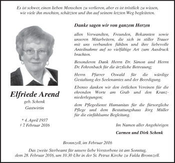 Traueranzeige von Elfriede Arend 