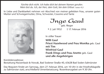 Traueranzeige von Inge Gaul 