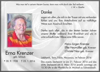 Traueranzeige von Erna Krenzer 