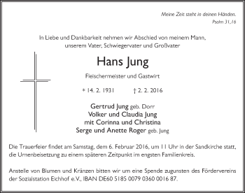 Traueranzeige von Hans Jung 