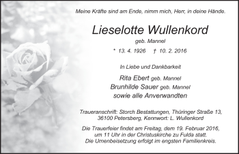 Traueranzeige von Lieselotte Wullenkord 