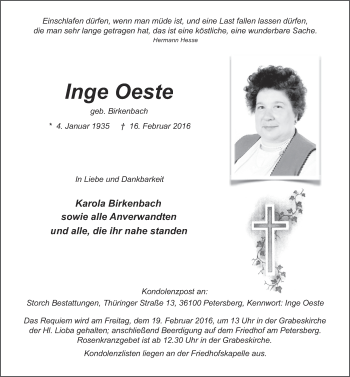 Traueranzeige von Inge Oeste 