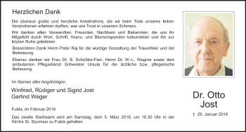 Traueranzeige von Otto Jost 
