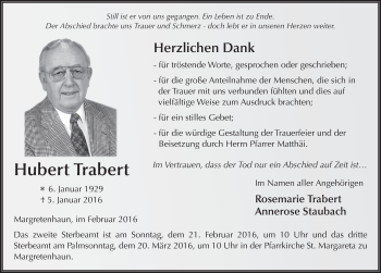 Traueranzeige von Hubert Trabert 