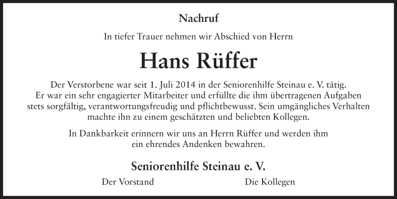  Traueranzeige für Hans-Heinrich Rüffer vom 24.02.2016 aus 