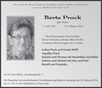 Traueranzeige von Berta Prack 
