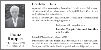 Traueranzeige von Franz Ruppert 