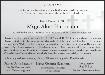 Traueranzeige von Alois Hartmann 