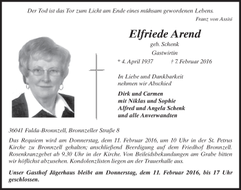 Traueranzeige von Elfriede Arend 