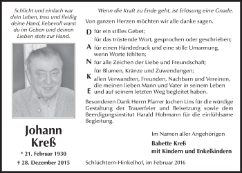 Traueranzeige von Johann Kreß 