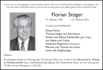 Traueranzeige von Florian Stöger 