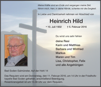 Traueranzeige von Heinrich Hild 