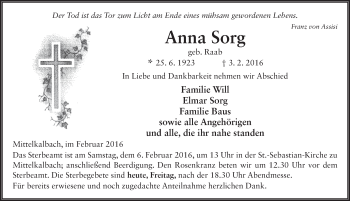 Traueranzeige von Anna Sorg 