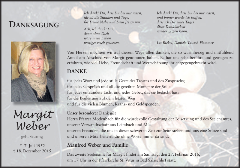  Traueranzeige für Margit Weber vom 13.02.2016 aus 