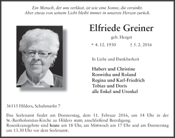 Traueranzeige von Elfriede Greiner 