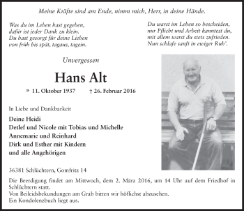 Traueranzeige von Hans Alt 