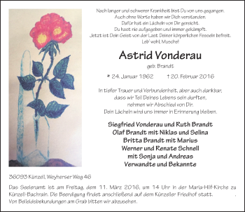 Traueranzeige von Astrid Vonderau 