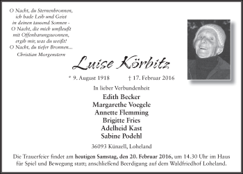 Traueranzeige von Luise Körbitz 