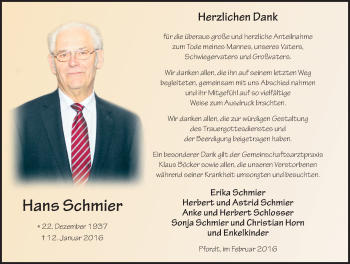 Traueranzeige von Hans Schmier 