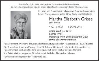 Traueranzeige von Martha Elisabeth Grisse 