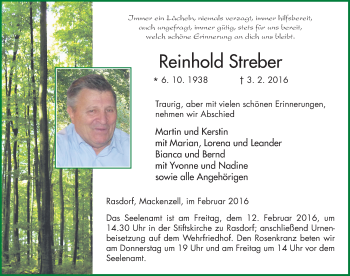 Traueranzeige von Reinhold Streber 
