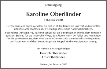 Traueranzeige von Karoline Oberländer 
